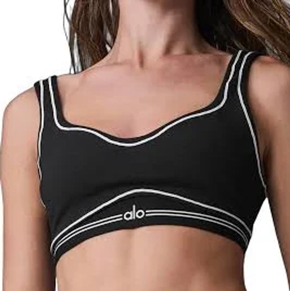 Alo Yoga Airbrush Heart Throb Sports Bra | Medium Support | Scoopneck, Lowback | Black/White
