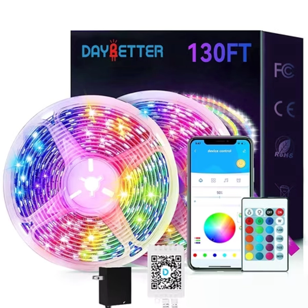 DAYBETTER 130ft Led Light for Bedroom,Music Sync RGB Color Changing Strip Lights with APP and 24 Key Remote Control, Perfect for Indoor Decor(2 Rolls of 65.6ft)