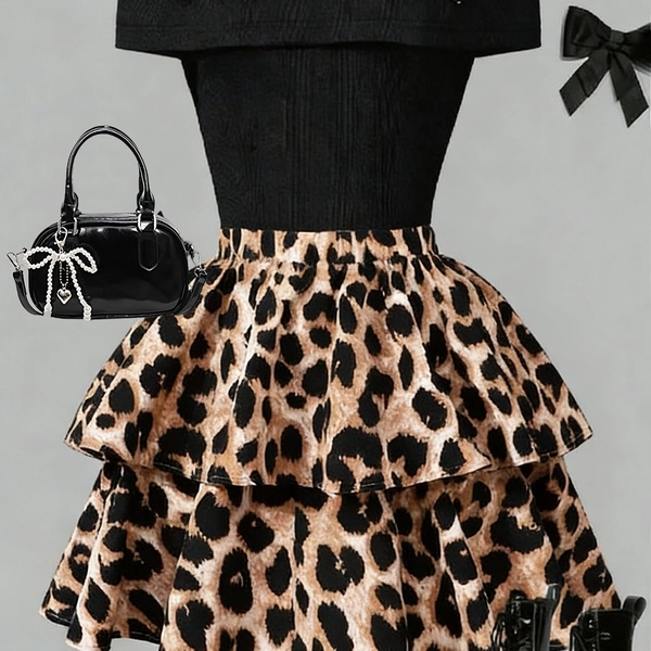 Girls' Fashion Cami Knit Top with Leopard Print Bow Decor, Trendy High-End Design, Paired with Leopard Print Double-Layer Cake Skirt, Casual Versatile, Spring/Autumn, Outing Playdate Party Picnic Shopping Campus Style