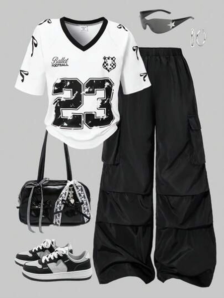 SHEIN 2pcs Set: Tween Girls American Raglan Sleeve Graphic T-Shirt And Applique Pocket Cargo Pants Outfit Set