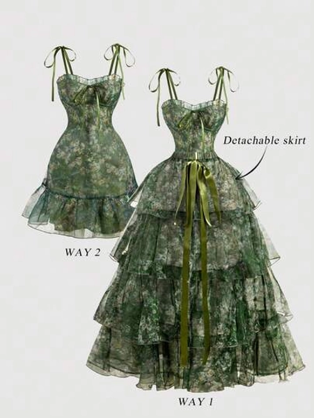SHEIN MOD Vintage Oil Painting All Over Floral 2in1 Dress,Detachable Skirt Palace Style Flowy Olive Green Summer Curve Party Dress,Bohemian Vacation Outfits - Size 1XL