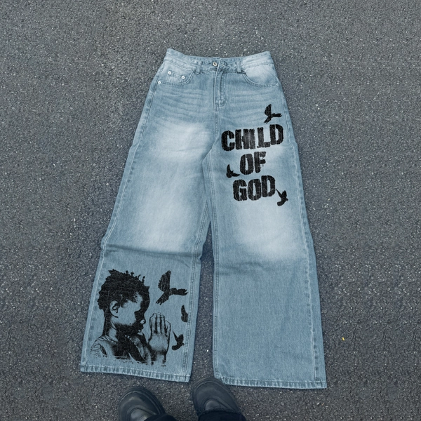 Child Of God Praying For Peace Vintage Graphic Wide-leg Relaxed Fit Denim Jeans