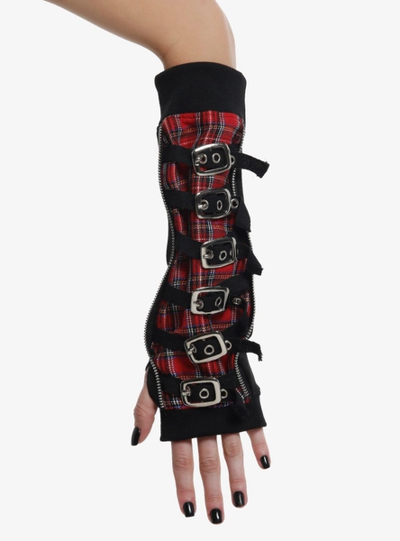 Black & Red Plaid Buckle Zipper Arm Warmers