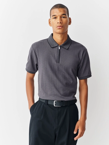 Slate Grey Slim Fit Smart Jaquard Polo Shirt