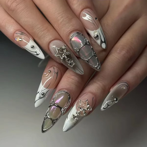 24Pcs Y2k Almond Acrylic Nails Full Cover 3D Diamond Black Nail Art Sweet Cool French Wearable Fake Nail Manicure Tips for Girls - AliExpress 