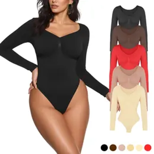 Women’s Seamless Shaping Bodysuit - Long Sleeve V-Neck, Tummy Control Thong, Elastane Lightweight Compression Fabric, Arm Shaper, Body Contouring, Cute Everyday Wear for Valentine’s Day Wedding Prep