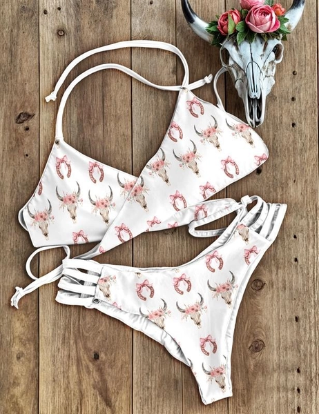 Bull Skull Print Drawstring Bikini Set