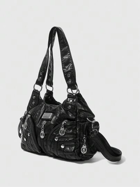 ROMWE Grunge Punk New Punk Rock Chic Ladies Shoulder Tote Bag, Darkcore Motorcycle Handbag For Women, New Fashionable Big Bags For Women