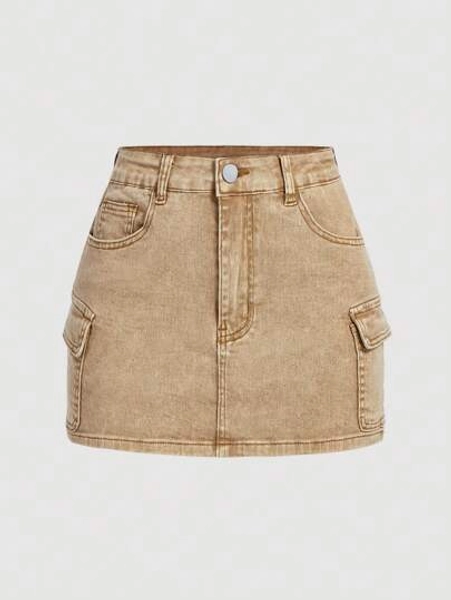 SHEIN MOD Women'S Denim Skirt With Flap Pockets