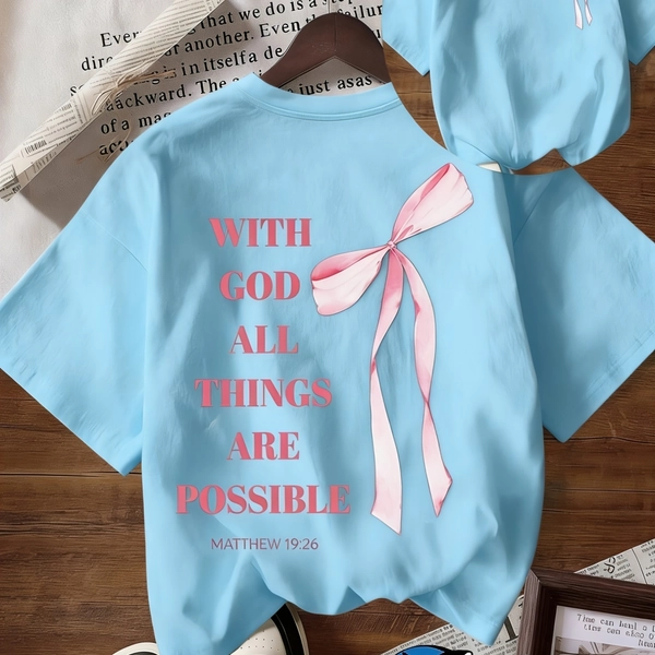 [Casual Religious T-Shirt] Women's Casual Short-Sleeve T-Shirt Sweet and Gentle Religious Style Pink Bow and Scripture Print Loose and Comfortable Suitable for Church Events and Everyday Casual Wear Elegant Women's Clothing Gift Simple and Stylish Top