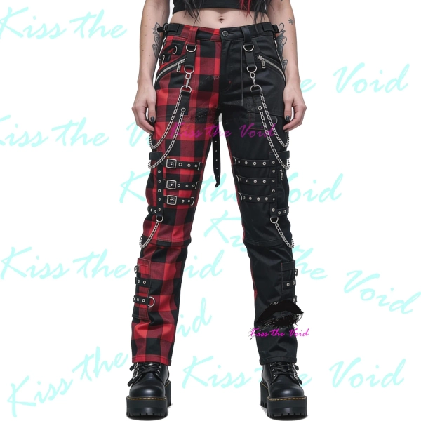 Women’s Gothic Split Leg Bondage Pants – Red Plaid & Black Punk Rock Trousers – Emo Grunge Pants with Chains, Straps,Zippers – Kiss The Void