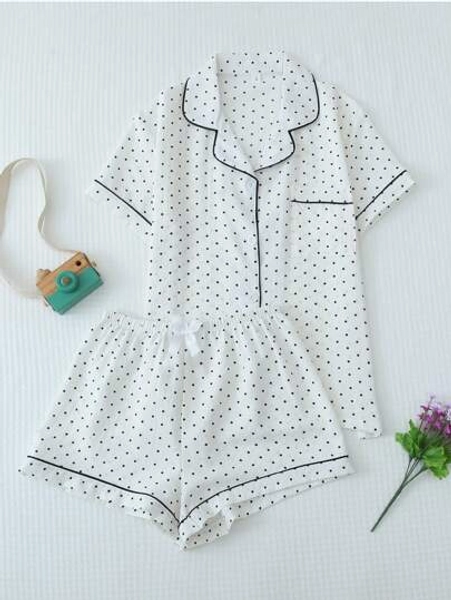 2pcs/Set Women's Mini Polka Dot Printed Pajama Set With Contrast Trim Button-Down Shirt And Bow Tie Shorts, Perfect For Home Wear In Summer White Set,Two Pieces Set