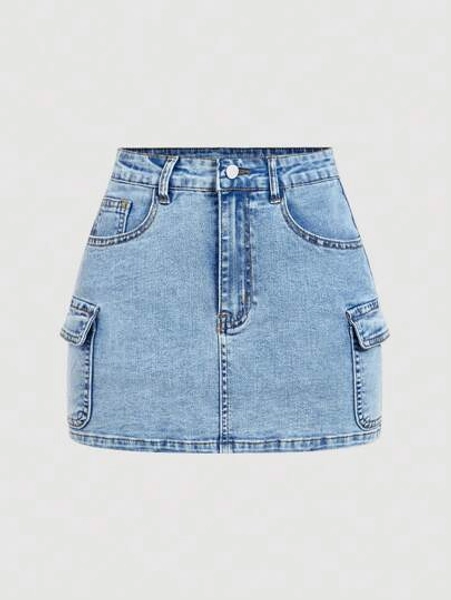 SHEIN Tall Women's Casual Cargo Pockets Bodycon Mini Denim Skirt