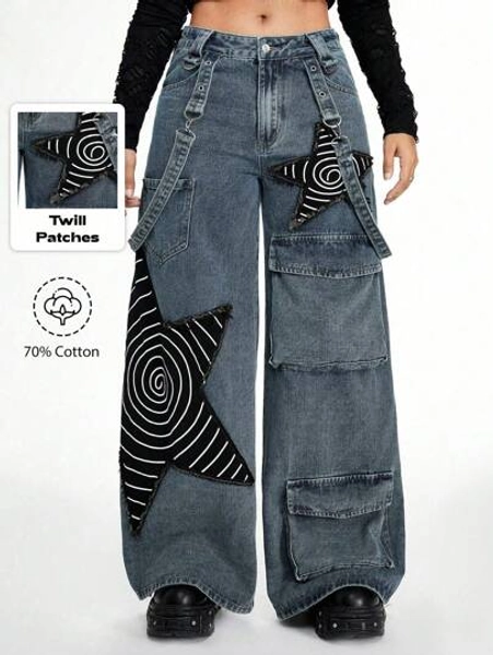ROMWE Grunge Punk Women's Punk Distressed Washed Star Patch Loose Cargo Wide Leg Pants