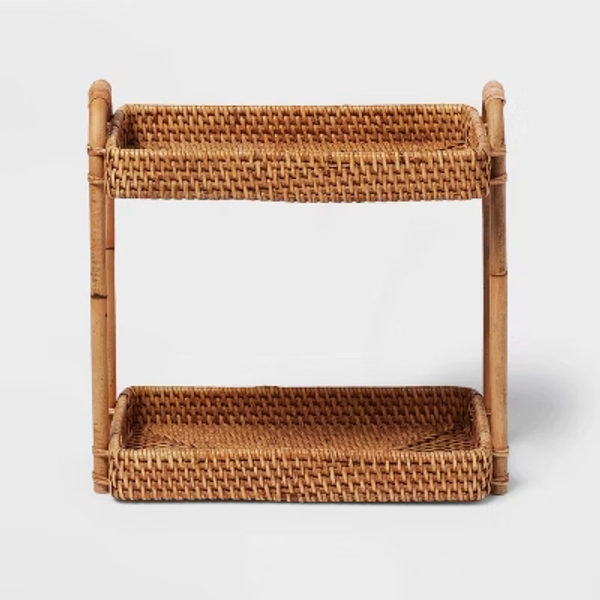 Natural Woven Tiered Vanity Bathroom Tray - Threshold™: Rattan Countertop Storage Accessory, Spot Clean