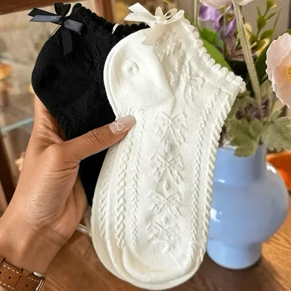 4 pairs womens lace bow socks cute ruffle trim crew socks - Temu