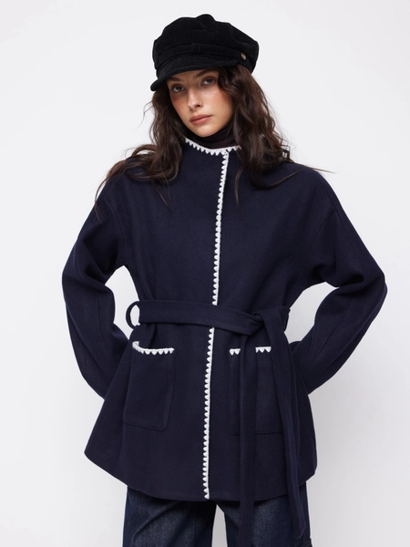 Wool-look Stand Collar Contrasting Binding Oversized Coat With Belt