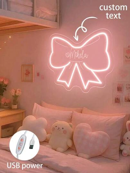 Custom Cute Butterfly Name Neon Sign Christmas Decorations Home Girl Room Decor ,Pink Bow Neon Light Sign Home Decor,Personalized Birthday Christmas Decorations Gift(Size 13.19in *11.02in)