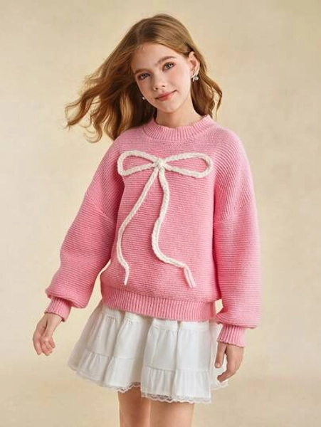 Sparklyn Tween Girls' Sweater With Embroidered Bow, Sweet Casual Versatile Daily Wear, Soft & Comfortable Fall Winter