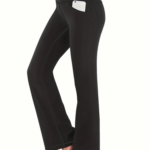 Women's High-Waisted Yoga Pants - Compression Flared Leggings with Pockets, Quick-Dry Stretch Fabric for Yoga, Lounge & Casual Wear - Solid Color All-Season Machine Washable, Yoga Leggings, Flared Design, Highelastic Material