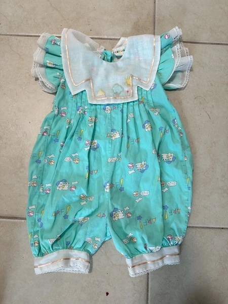 VTG Bubble Romper Mint Green Puppy  Child GirlSz 3 Print USA 80s Kawaii
