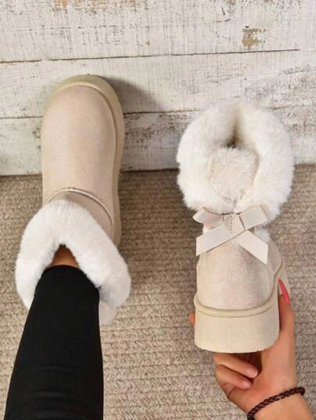 1 Pair Women's Winter Butterfly Hook And Loop Thick Plush Lining Mid-Calf Snow Boots, Fashionable And Sweet Style With Plush Details, Warm And Comfortable For Daily Wear