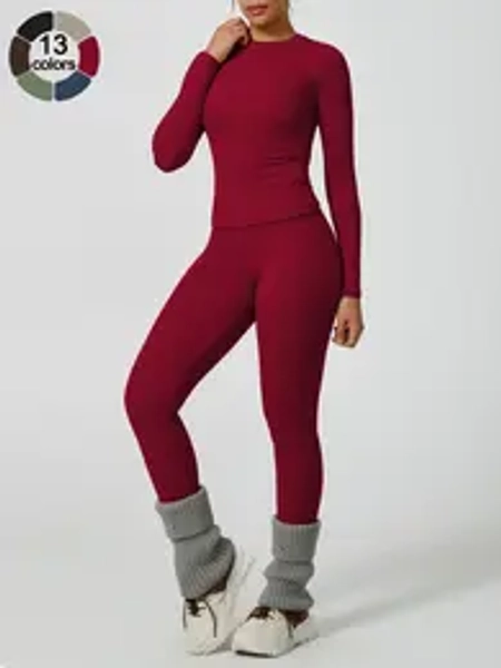 Women's Solid Long-Sleeve Tee & High-Waist Leggings Set, Sporty Round Neck Top & Skinny Pants 2-Piece Set, Exercise Clothing Set, for Gym Workout and Running, Yoga Wear, Sportswear for Training, Fall & Winter Sportswear Sets
