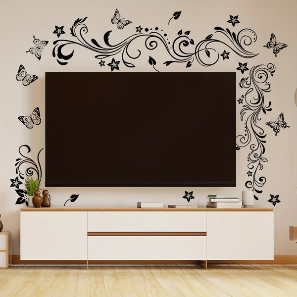 Chic Black Vine & Butterfly Wall Decals - Self-Adhesive, Removable Floral Stickers for Living Room, Bedroom, and Door Decor
