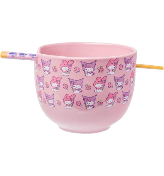 Hello Kitty My Melody and Kuromi Ceramic Ramen Bowl with Chopsticks