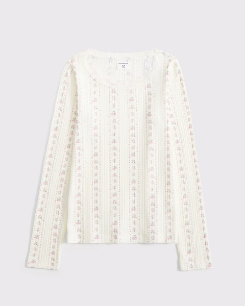 long-sleeve pointelle lace-trim top