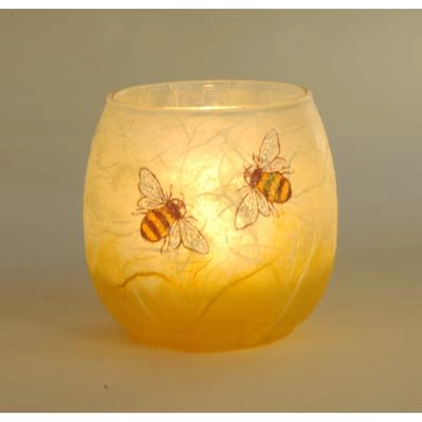 Hand Painted Bee Candle Holder: Straw silk Glass, includes LED Tealight