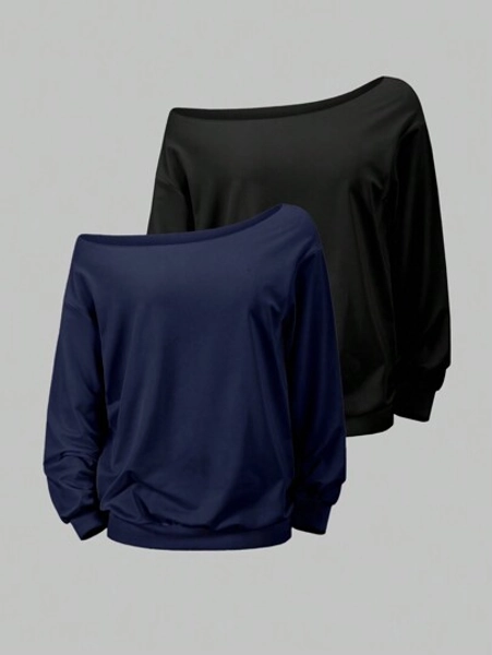 2pcs Women's Solid Color Off-Shoulder Long Sleeve Loose Casual Sweatshirt Set, Autumn/Winter