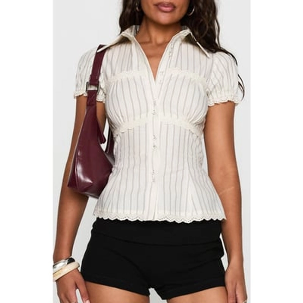 Princess Polly Deserve You Puff Sleeve Shirt in Cream Stripe at Nordstrom, Size 12