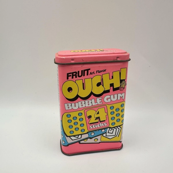Vintage OUCH! Bubble Gum Tin 1990s Neon Pink Candy Advertising Empty Bandage Box