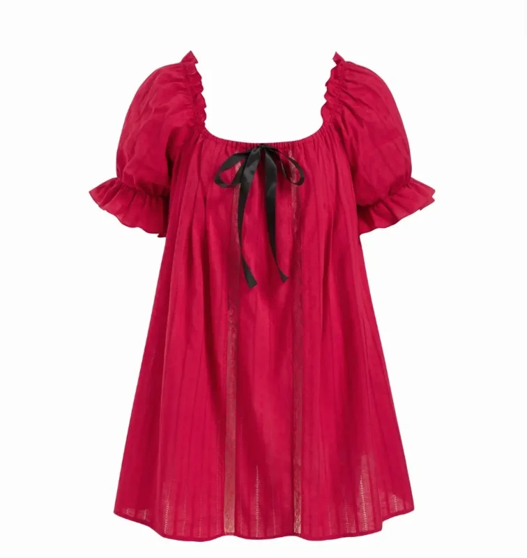 Woven 100% Cotton U-neckline Bowknot Lettuce Trim Puff Sleeve Mini Nightdress For Home Bedroom