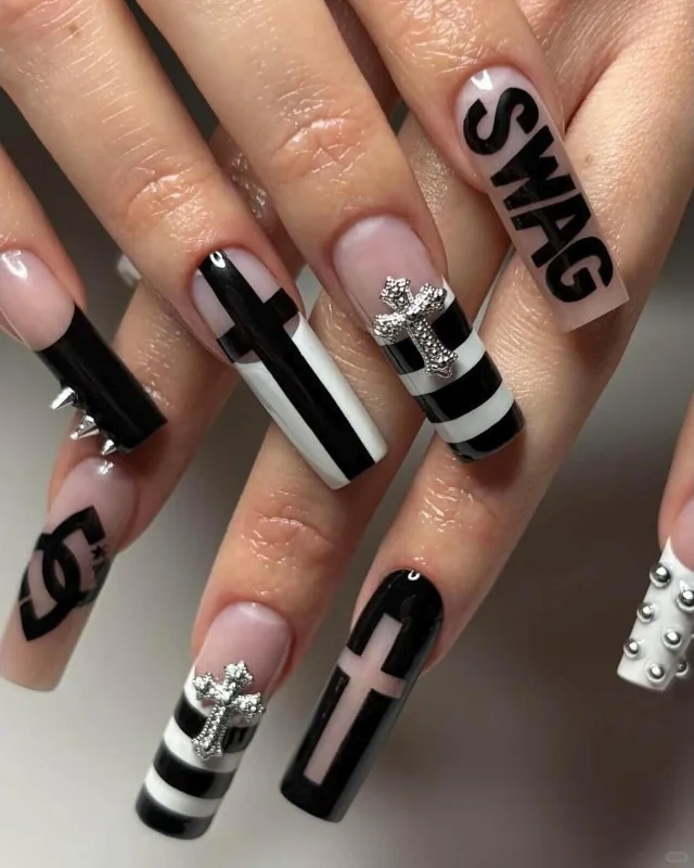 Black and White Gothic Cross Press On Nails | Handmade Punk Stripe Nail Set | Bold Alternative Style