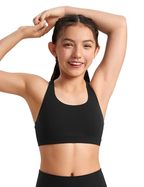 CRZ YOGA Girls Butterluxe Training Bra - Strappy Scoop Neck for Teens Kids Yoga Sports Comfort Dance Crop Top Black Large