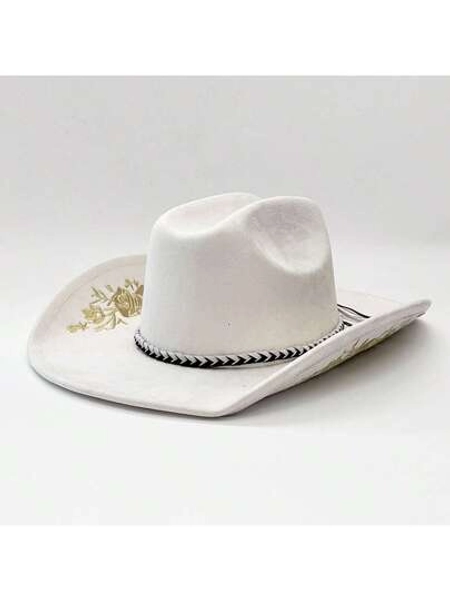 Retro Suede Cowgirl Hat For Women Men Floral Embroidery Wide Brim Western Cap Jazz Hat