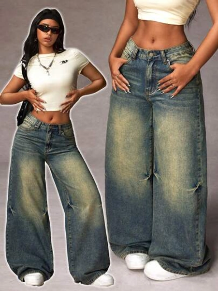 SHEIN x Ludmilla SHEIN ICON Women's Casual Wide Leg Baggy Jeans With Pockets
