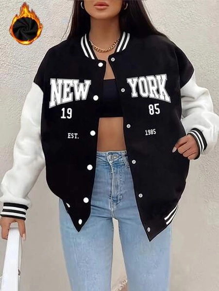 Es Trus Autumn And Winter Women's Fun Print Hip-Hop "NEW YORK" Personalized Pattern Print Street, Korean Style Comfortable Retro Basic Fashion Commuter Versatile Y2k Clothing Women's Clothing, Suitable For Outdoor Leisure, Regular Niche Punk, American Campus And Urban Culture Style Black Well-Fitting Baseball Jacket