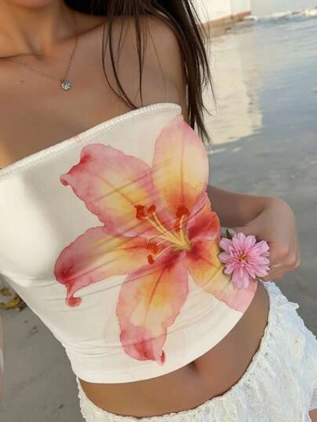 Aloruh Women's Casual Orange Hawaiian Floral Print Bandeau Top, Suitable For Summer, Beach, Music Festivals, Can Be Used As Beach Cover-Up, Casual Bikini, Comfortable Swimwear Or Decorative Beach, Flower Tube Top, Summer Tube Top, Flower Top, Sexy Summer Top