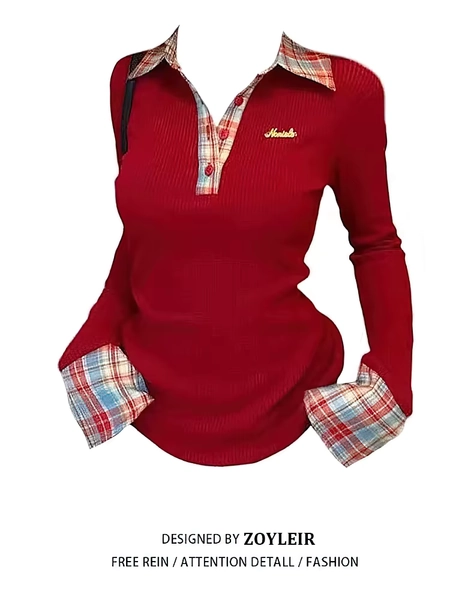 Preppy Polo Neck Knit Plaid Long sleeve T shirt Women False 2 Piece Basic Top V neck Button Blouses Tees 2025 New - AliExpress 200000345