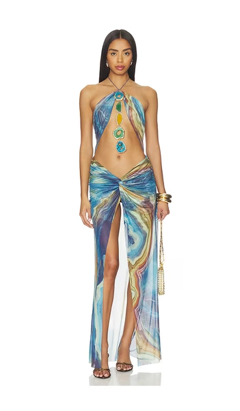 Halterneck Maxi Dress With Agate Crystals