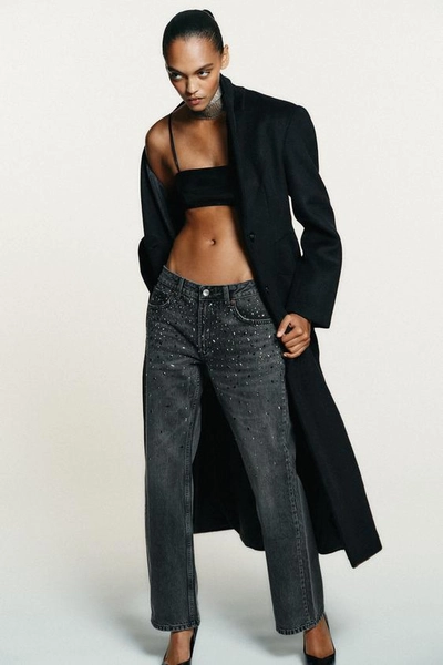 TRF LOW RISE RHINESTONE STRAIGHT LEG JEANS