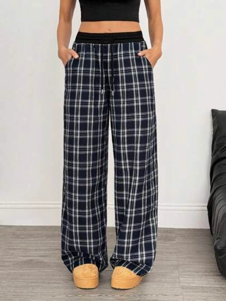 SHEIN Tall Women's Casual Loose Checked Wide Leg Pants Lounge Pants Plaid Pants Pajama Pants Comfy Pants Loose Pants