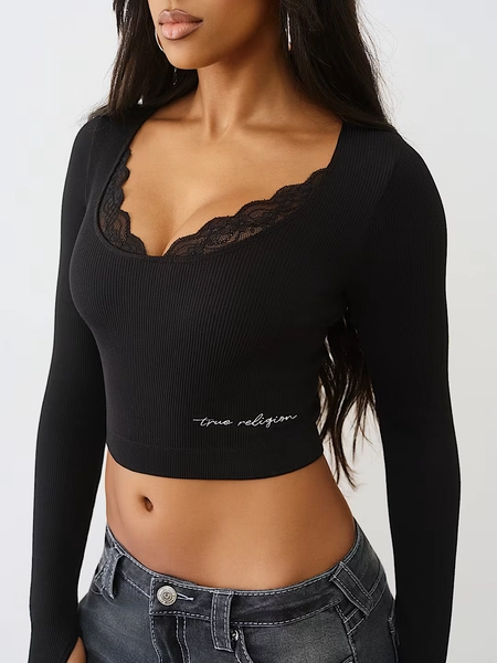 SEAMLESS LACE SCOOP NECK LONG SLEEVE TOP
