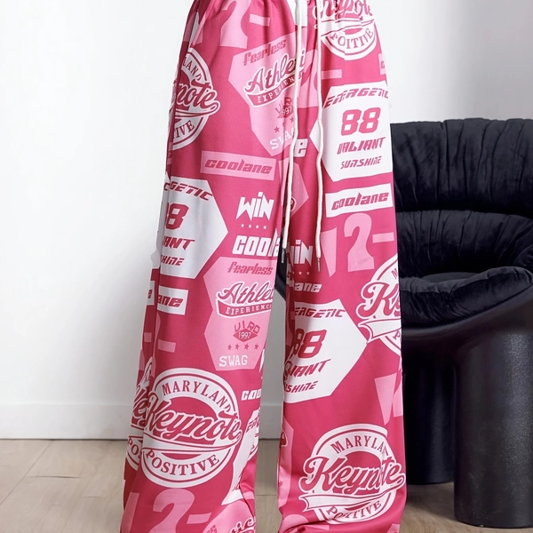 Women's Y2K Retro Graphic Print Loose-Fit Straight-Leg Pants with Bold Letter & Number Design, Drawstring Waist & Long Length - Vibrant Pink Casual Streetwear for All-Season Comfort, Cute Pants, Comfortable Clothing, Smooth Stretchy Fabric, Casual Attire, Loose Fit, Durable Construction, Oversized Fit, Adults