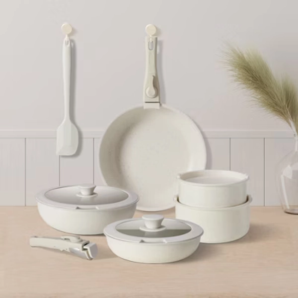 JIONJOY 12-Piece Nonstick Pots and Pans Set in Beige: Stackable, with Detachable Handle, Induction - Compatible and Dishwasher