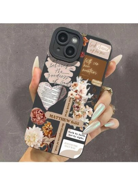 Floral & Letter Pattern Phone Case, Soft TPU Cellphone Protective Case, Total Protective Shockproof Mobile Phone Cover For IPhone, Flower, Bible, Sticker Pattern