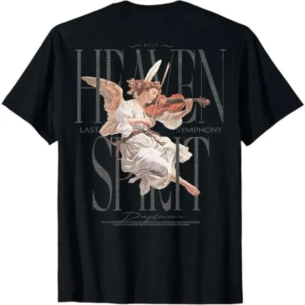 unisex Y2K Urban Streetwear Graphic Angel Print T-shirt - Crew Neck, Back Print Design